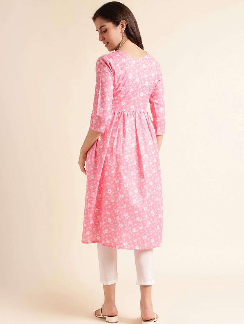 women pink floral printed flared kurta - 20253122 - Standard Image - 3