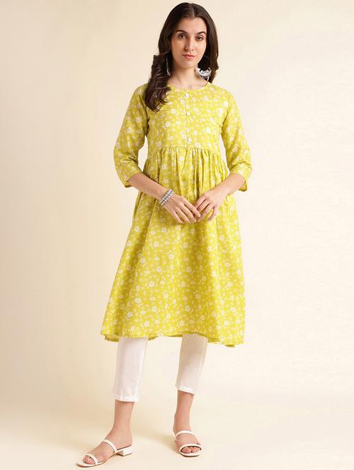women lime floral printed flared kurta - 20253124 - Standard Image - 0