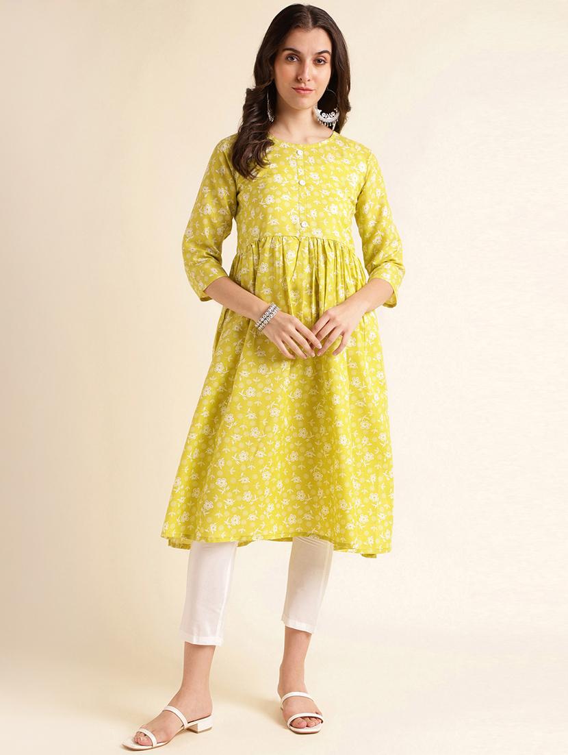 women lime floral printed flared kurta - 20253124 - Zoom Image - 0