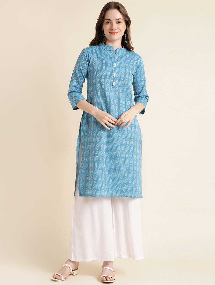 women light blue mandarin neck straight kurta - 20253127 - Zoom Image - 0