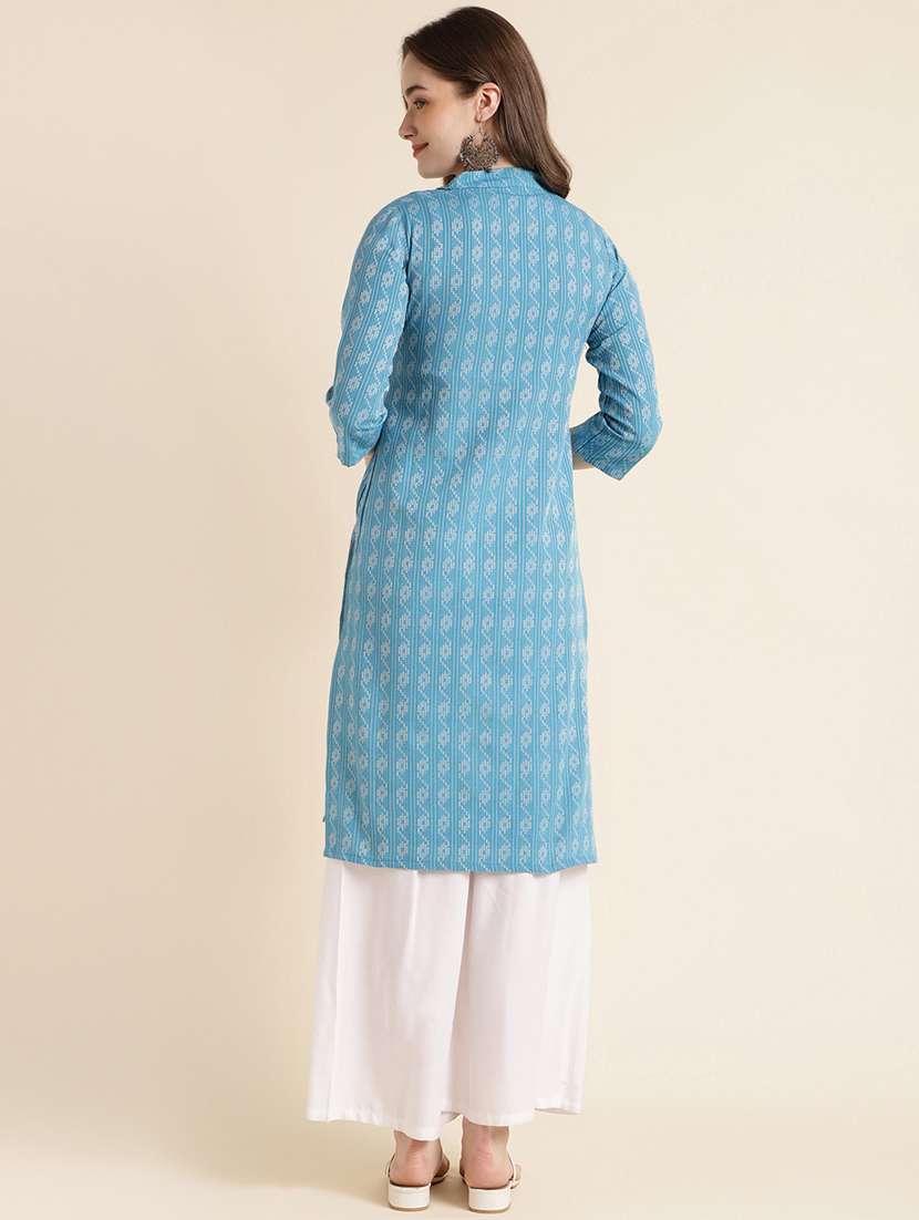 women light blue mandarin neck straight kurta - 20253127 - Standard Image - 3