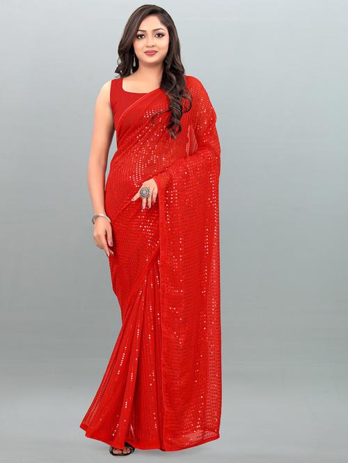 red colored embroidered saree with blouse - 20253795 - Standard Image - 0