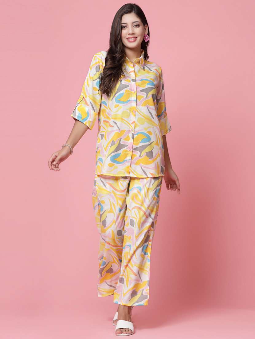 yellow abstract print top and palazzos co-ord set - 20254816 - Zoom Image - 0
