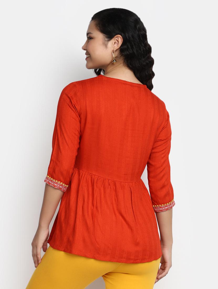 women orange boat neck a-line kurti - 20256454 - Standard Image - 3