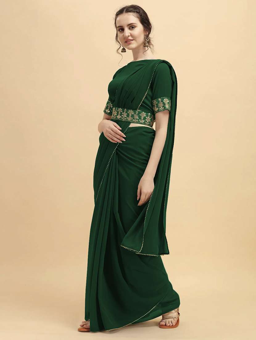 green solid saree with detachable belt with blouse
