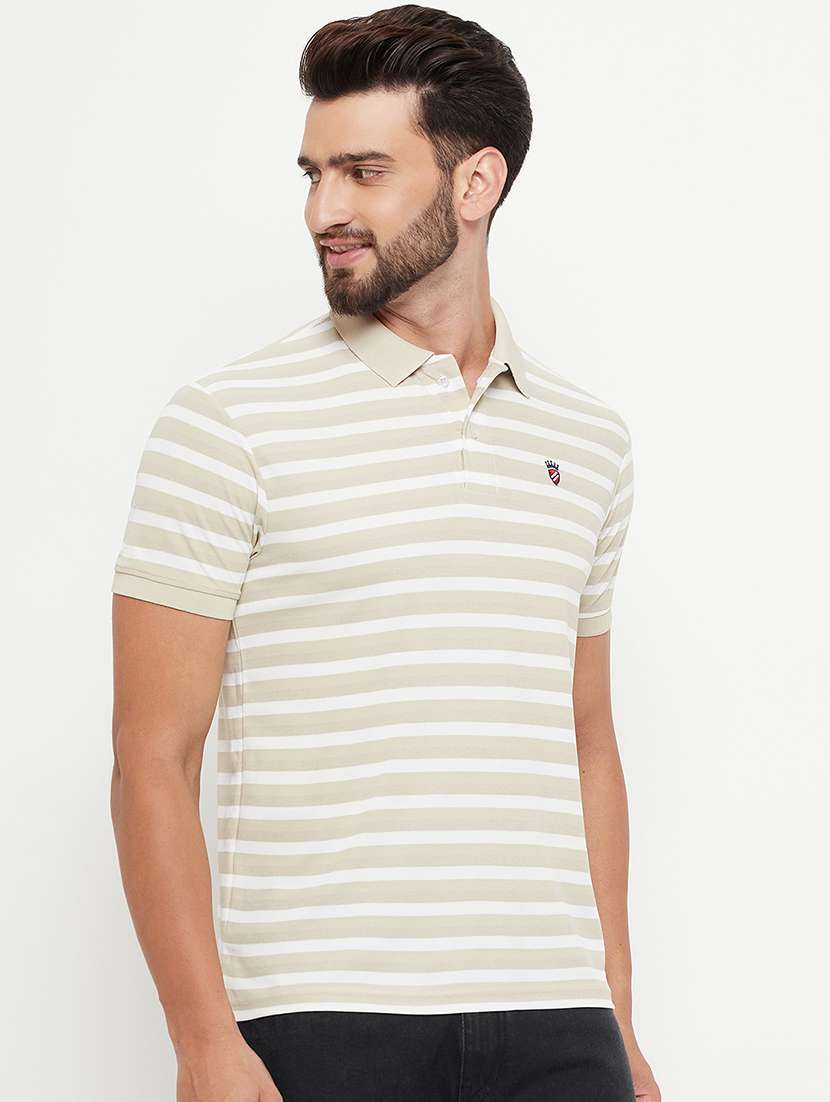 men beige stripes polyester regular polo t-shirt