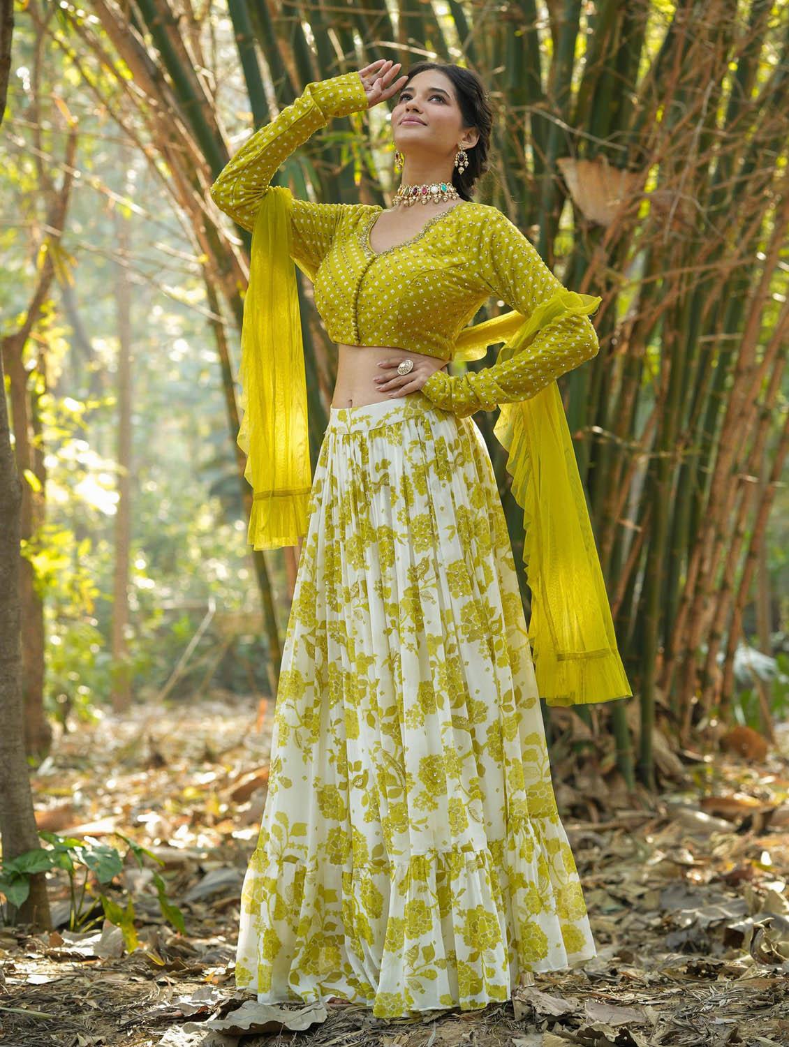 green flared stitched lehenga - 20261594 - Standard Image - 3