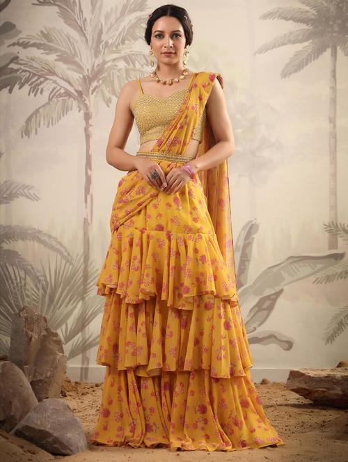 yellow floral print ruffle draped saree - 20261647 -  Standard Image - 0