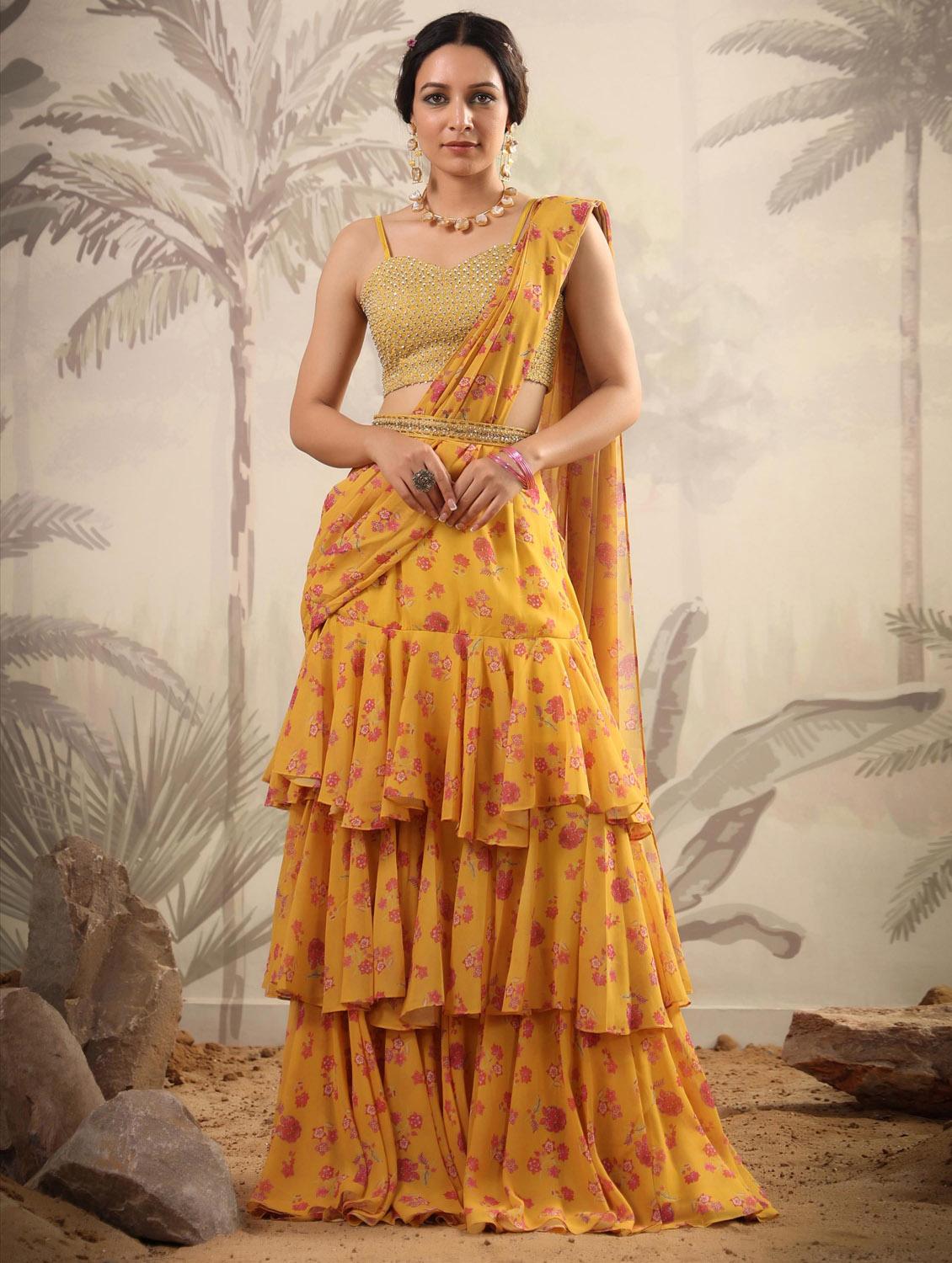 yellow floral print ruffle draped saree - 20261647 -  Zoom Image - 0