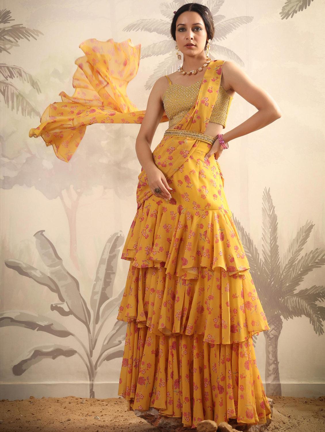 yellow floral print ruffle draped saree - 20261647 - Standard Image - 3