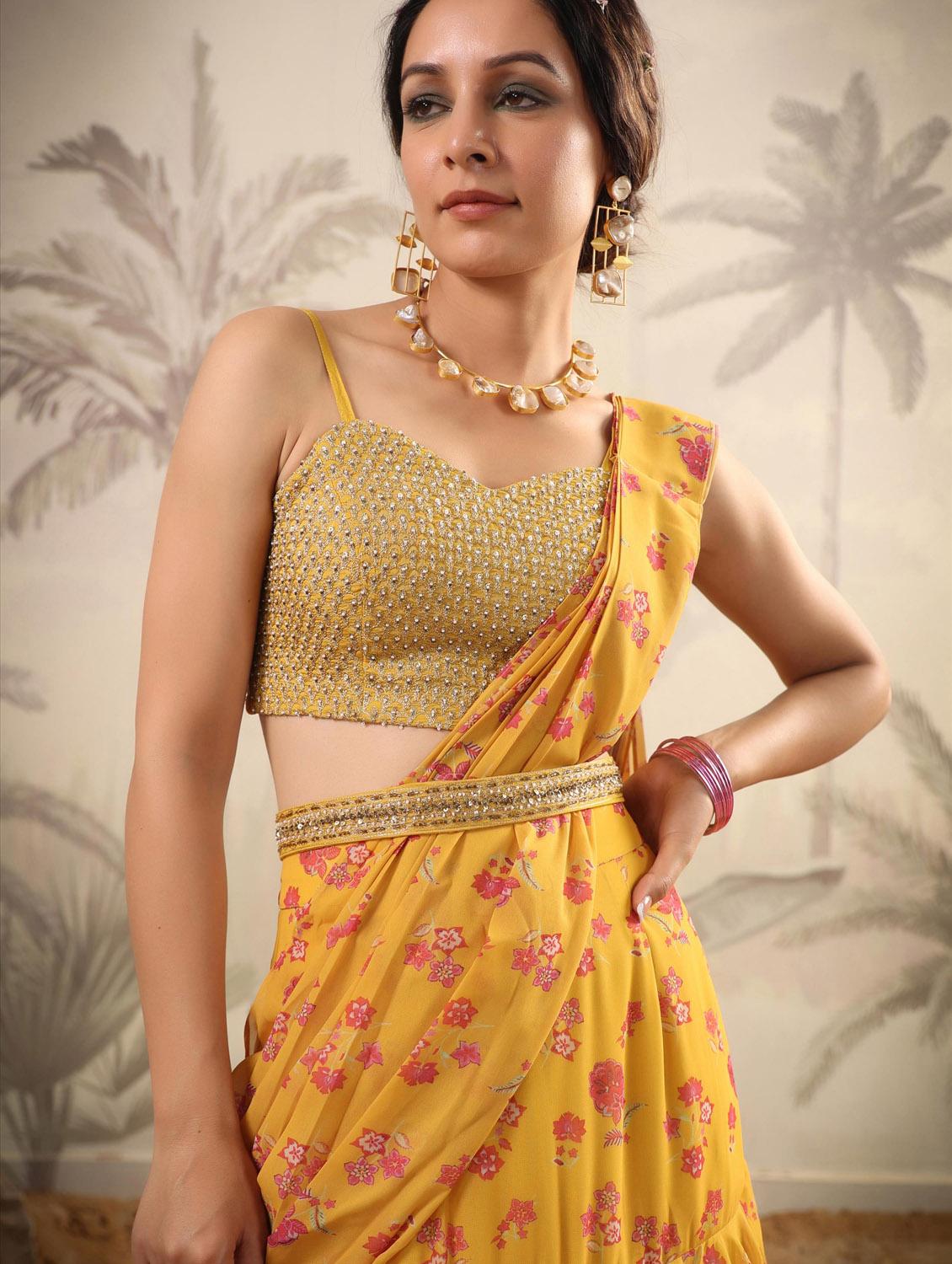 yellow floral print ruffle draped saree - 20261647 - Standard Image - 8