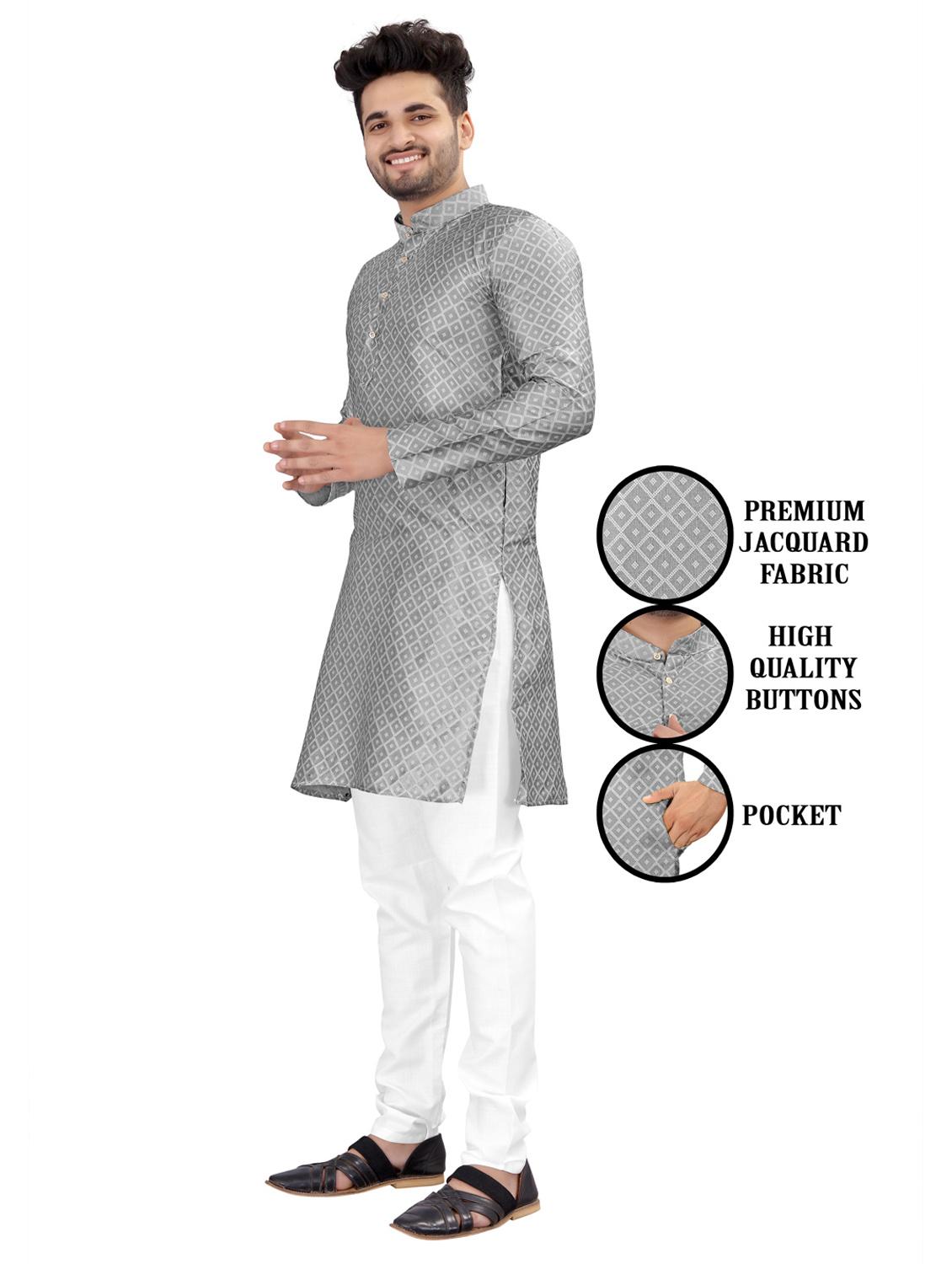 men grey jacquard long kurtas kurta - 20263533 - Standard Image - 3