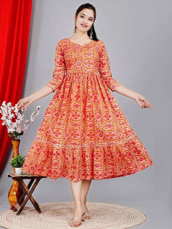 women orange florals printed flared dress - 20263804 - Zoom Image - 0
