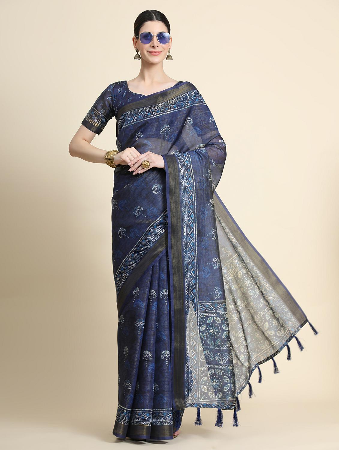 women's batik navy blue colored saree with blouse - 20264195 - Zoom Image - 0