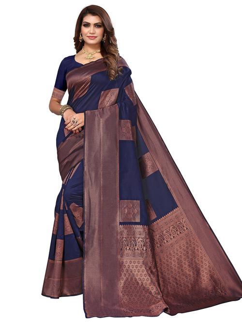 women's self design navy blue colored saree with blouse - 20264444 - Standard Image - 0