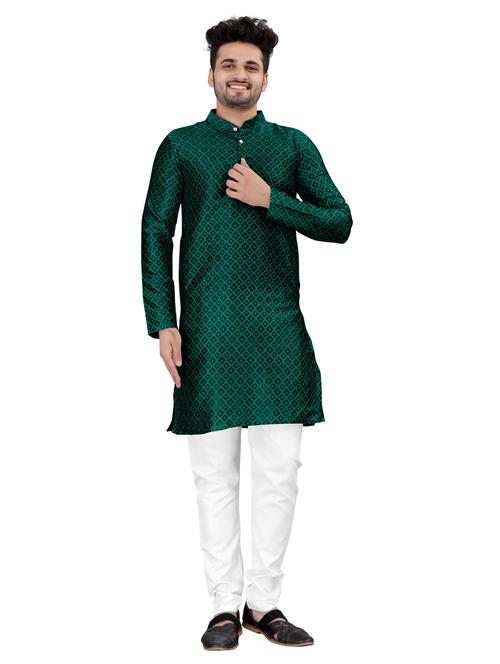 men green jacquard cotton kurta white pyjama ethnic wear set - 20264584 -  Standard Image - 0