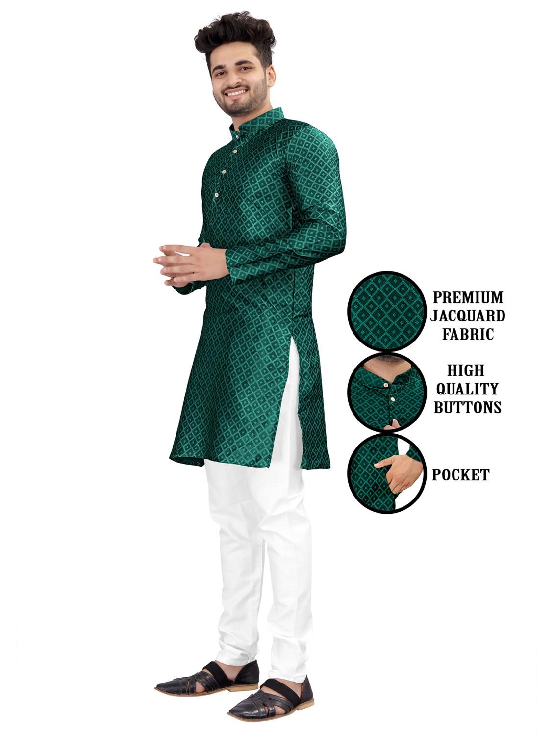men green jacquard cotton kurta white pyjama ethnic wear set - 20264584 - Standard Image - 3