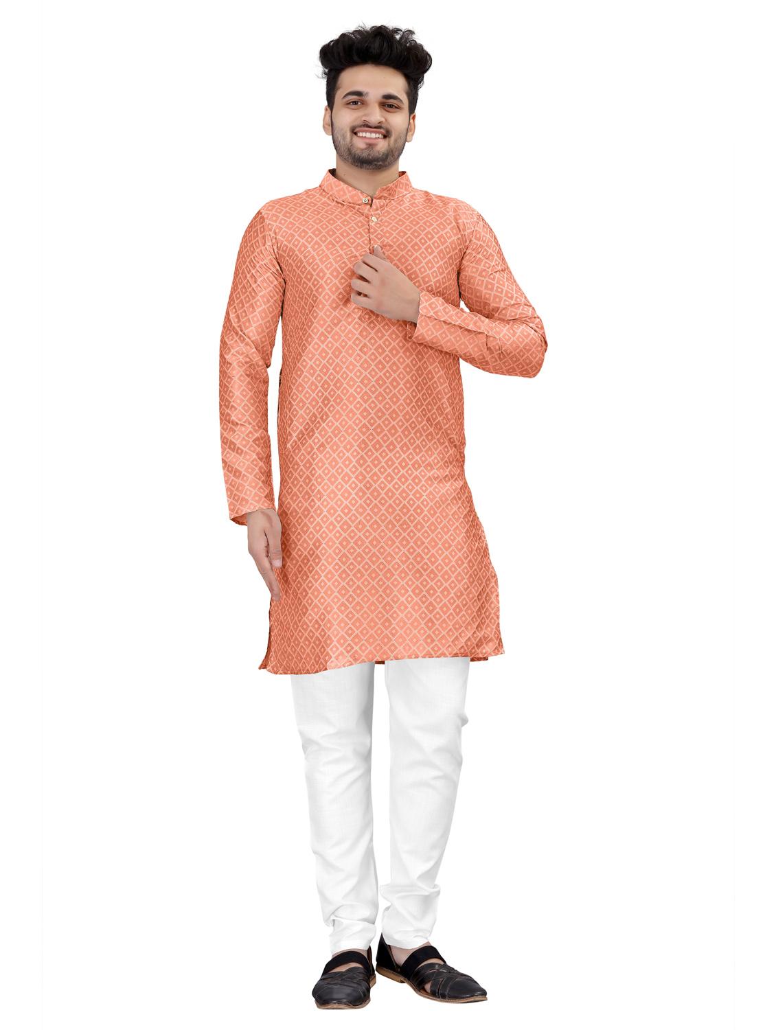 men peach cotton kurta white pyjama ethnic wear set - 20264586 -  Zoom Image - 0