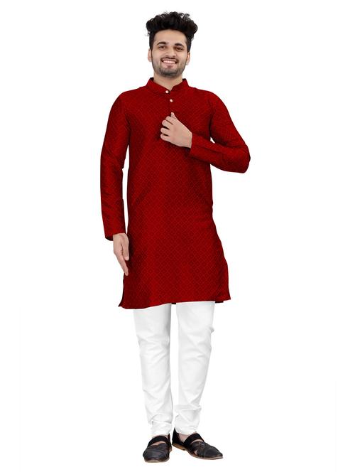 men red jacquard work cotton kurta white pyjama ethnic wear set - 20264589 -  Standard Image - 0