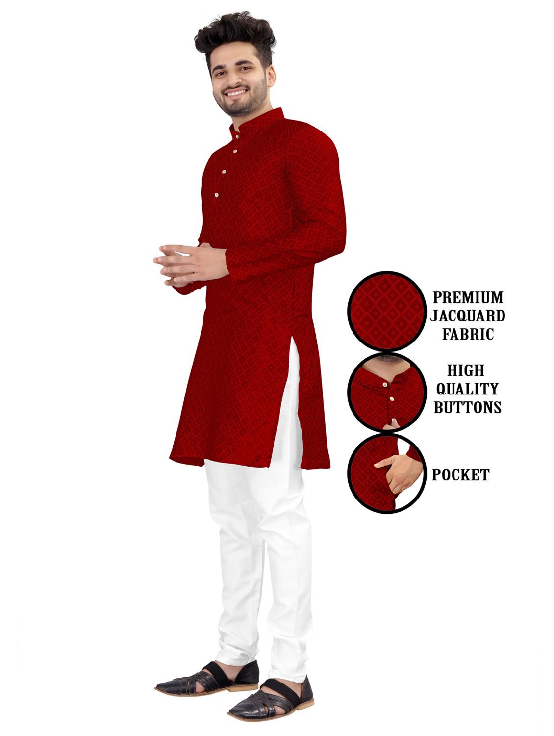 men red jacquard work cotton kurta white pyjama ethnic wear set - 20264589 - Standard Image - 3