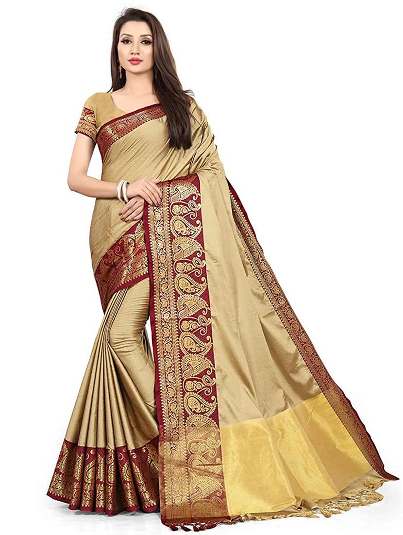beige solid with bordered saree - 20264712 - Zoom Image - 0