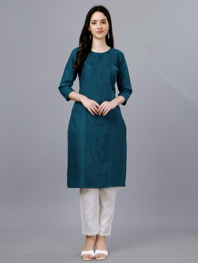 teal embroidered straight kurta - 20264925 -  Zoom Image - 0