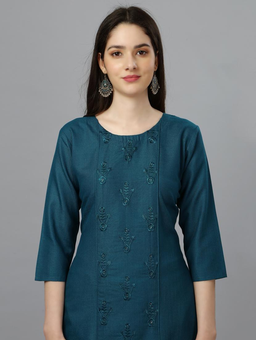 teal embroidered straight kurta - 20264925 - Standard Image - 3