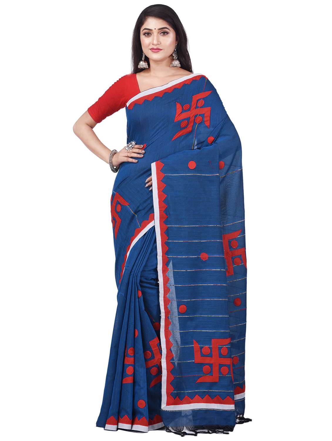 women's solid with work teal colored saree with blouse
