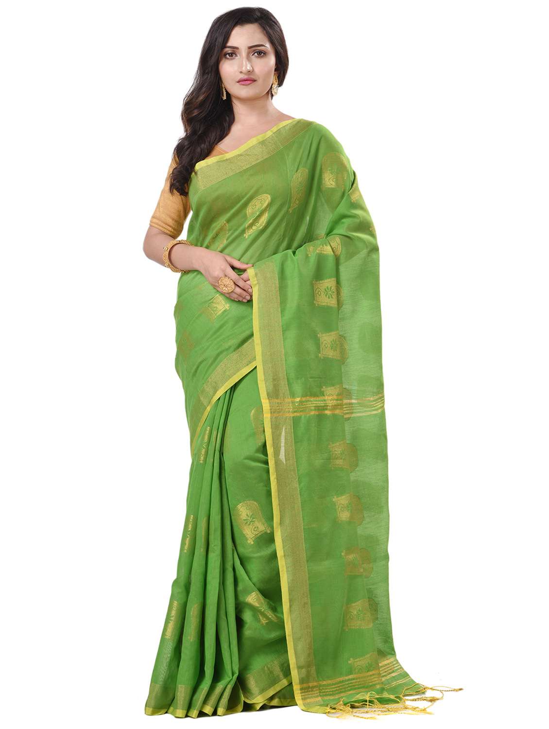 women's self design olive colored saree with blouse
