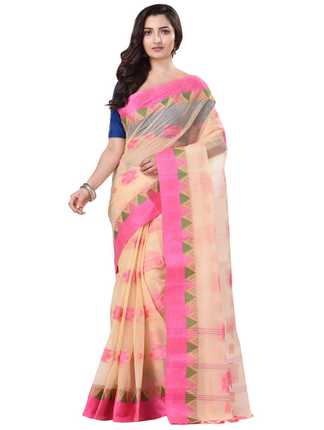 women's self design peach colored saree with blouse