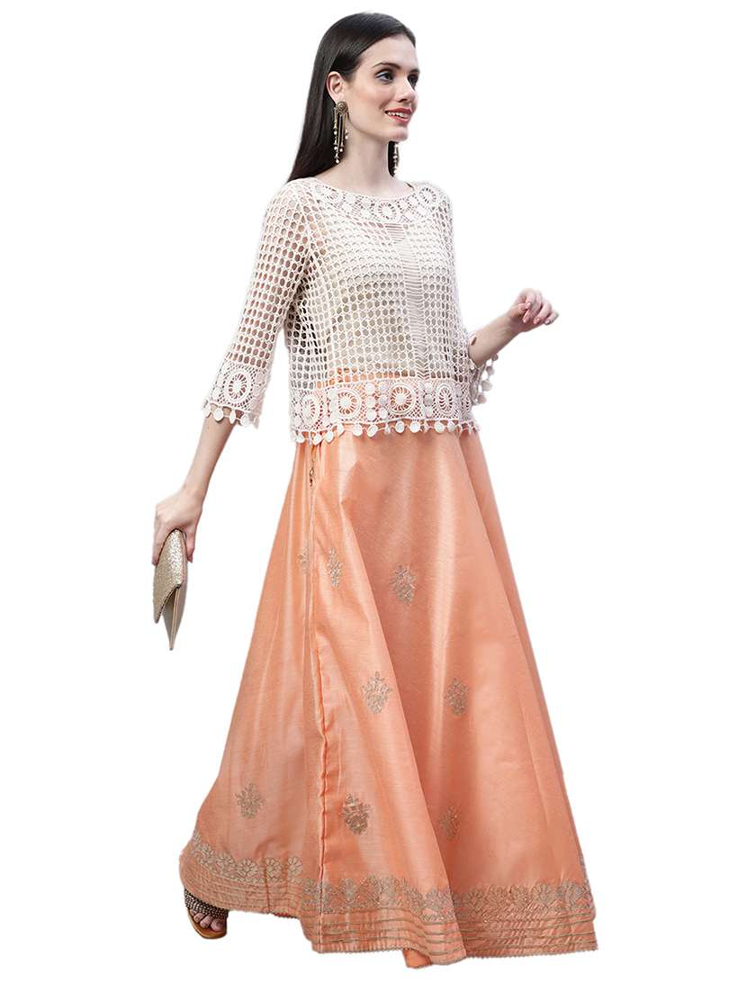 peach chanderi silk flared skirt - 20266879 -  Standard Image - 3
