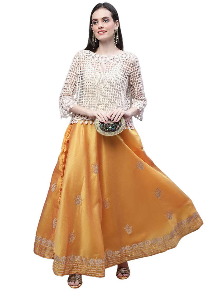 gold chanderi silk flared skirt - 20266885 -  Standard Image - 3