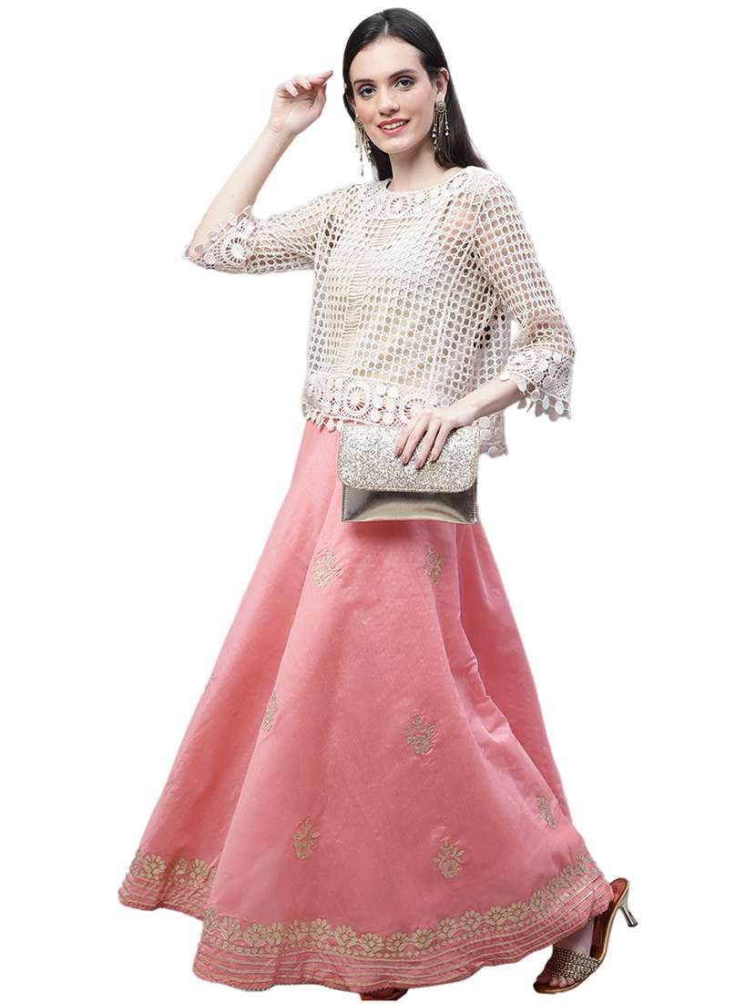 pink chanderi silk flared skirt - 20266886 -  Standard Image - 3
