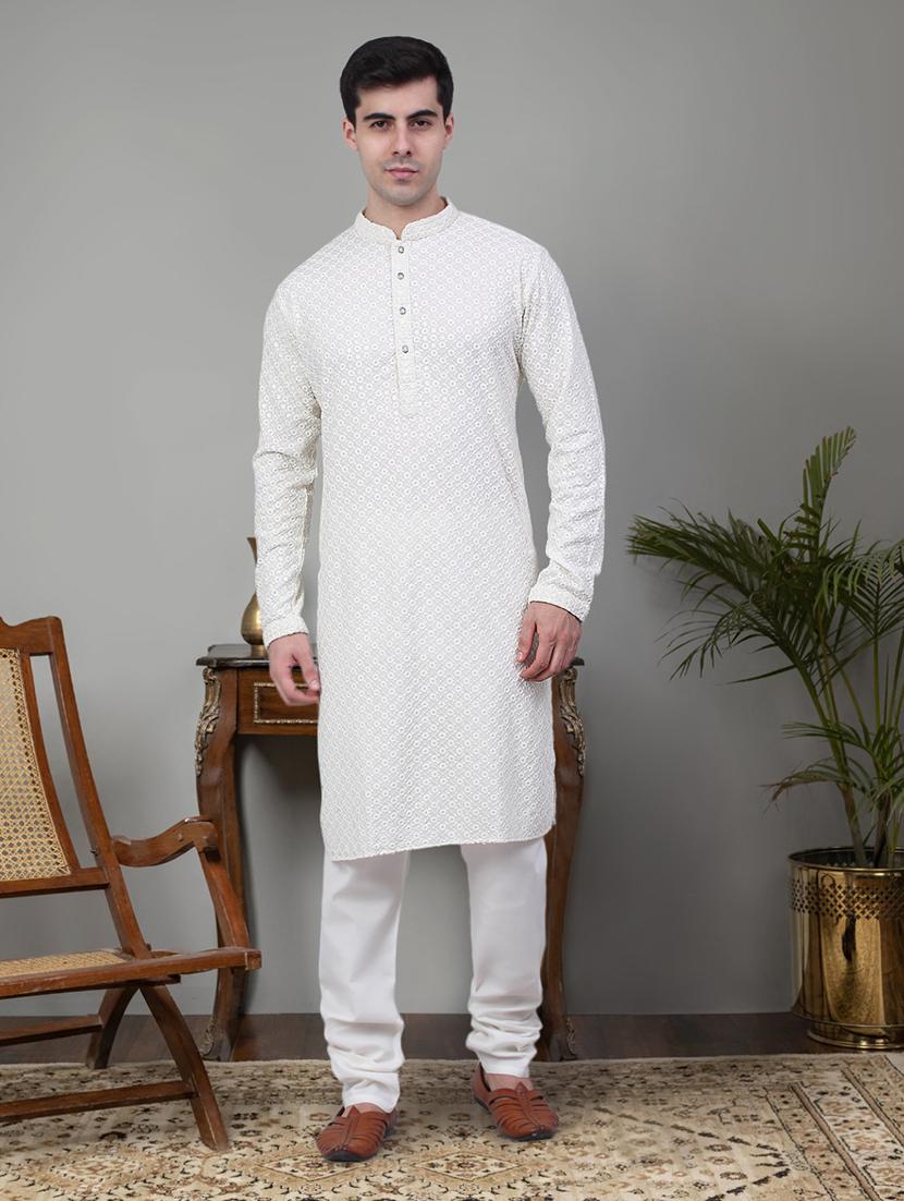 men white embroidered sequin cotton long kurta - 20267138 - Standard Image - 3