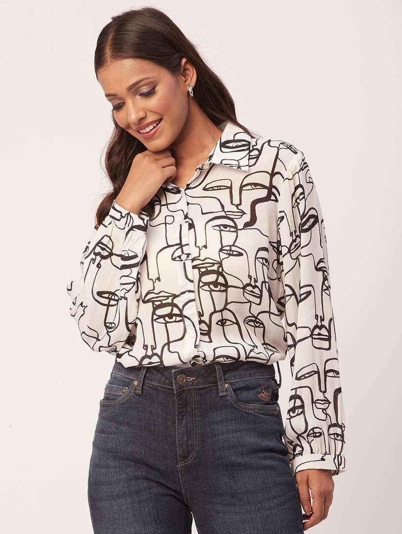 white abstract printed shirt collar regular top - 20271557 - Zoom Image - 0