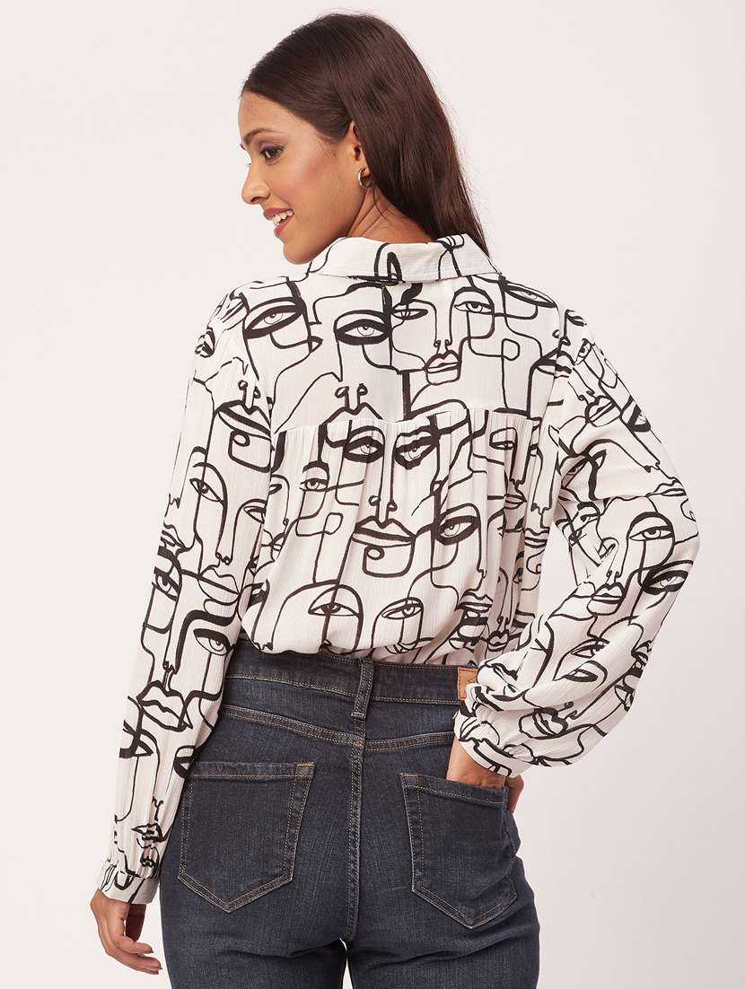 white abstract printed shirt collar regular top - 20271557 - Standard Image - 3