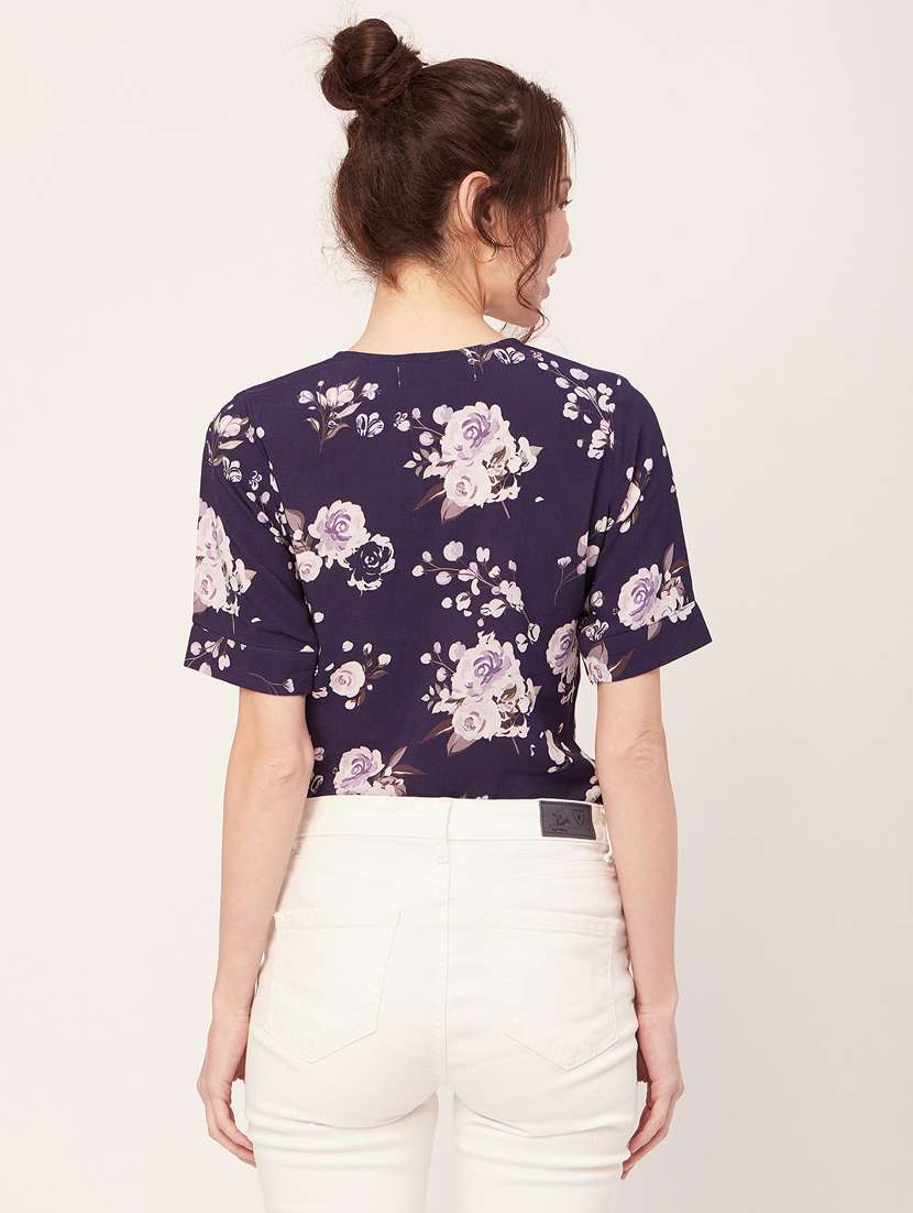 purple florals printed round neck regular top - 20271631 -  Standard Image - 3