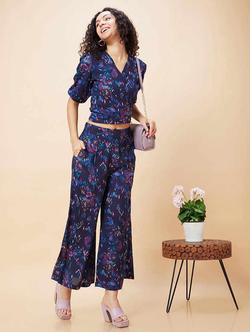 globus women blue paisley print wrap tie-back crop top & flared palazzos co-ord set - 20271687 - Zoom Image - 0