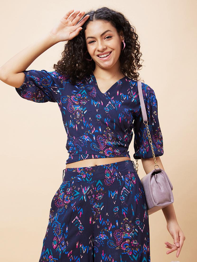 globus women blue paisley print wrap tie-back crop top & flared palazzos co-ord set - 20271687 - Standard Image - 3