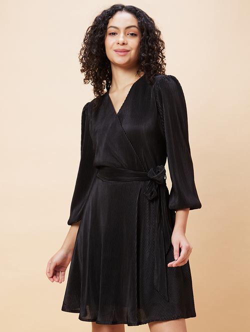 globus women black wrap neck bishop sleeves accordion pleated belted a-line dress - 20271691 -  Standard Image - 0