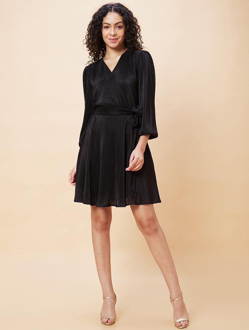 globus women black wrap neck bishop sleeves accordion pleated belted a-line dress - 20271691 - Standard Image - 3