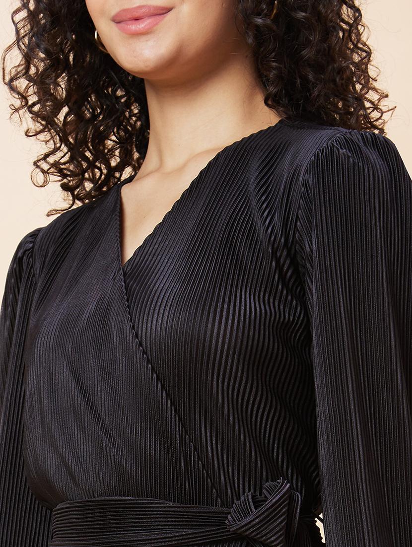 globus women black wrap neck bishop sleeves accordion pleated belted a-line dress - 20271691 - Standard Image - 5