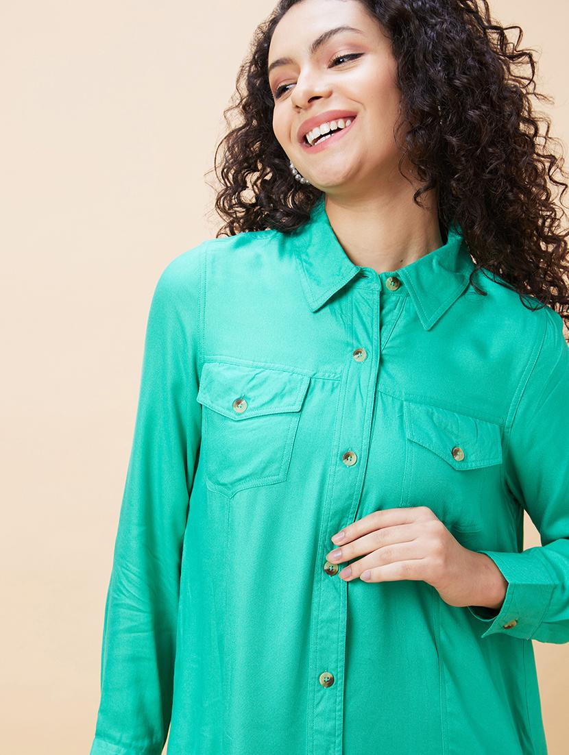 women sea green viscose shirt dress - 20271693 - Standard Image - 5