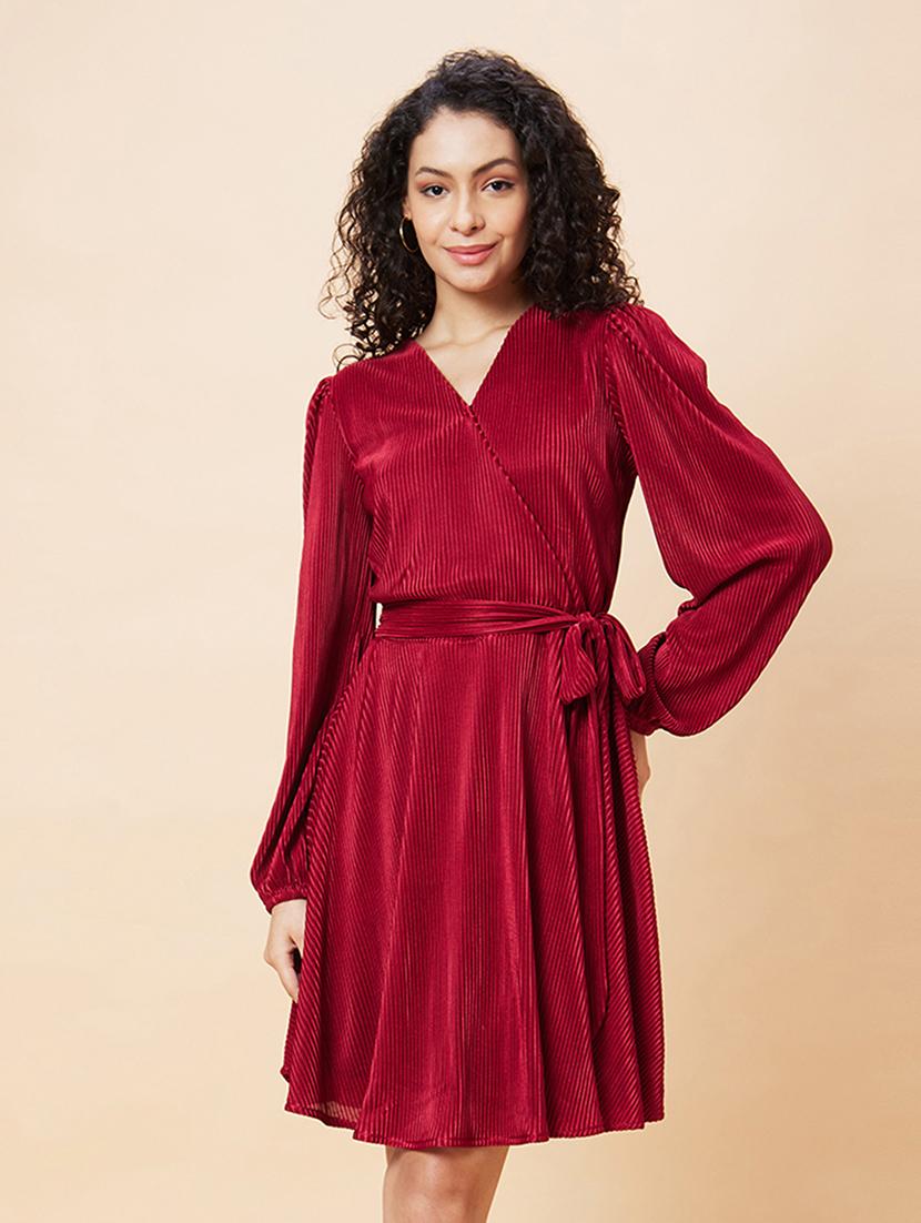 globus women wine wrap neck bishop sleeves accordion pleated belted a-line dress - 20271697 - Zoom Image - 0