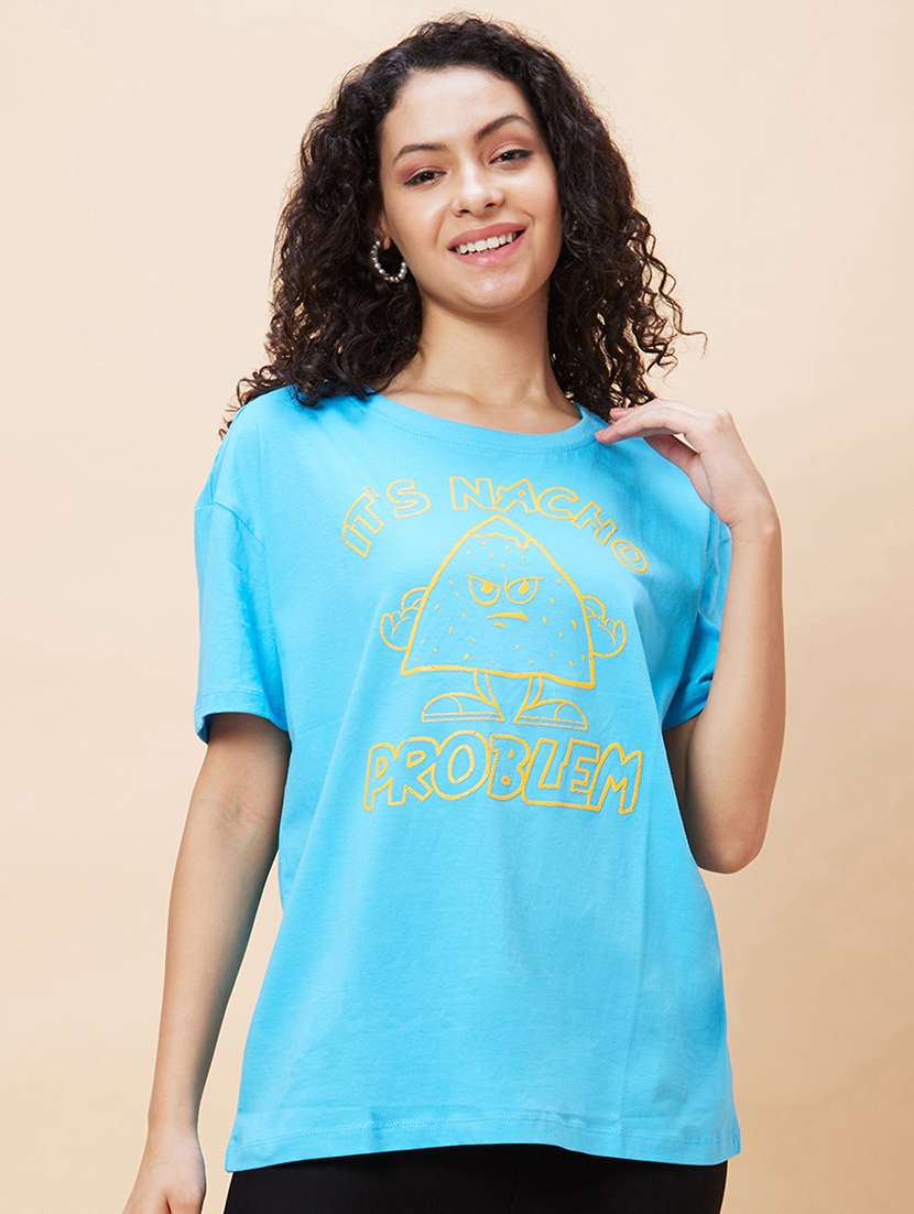 women light blue cotton boxy t-shirt - 20271722 -  Zoom Image - 0