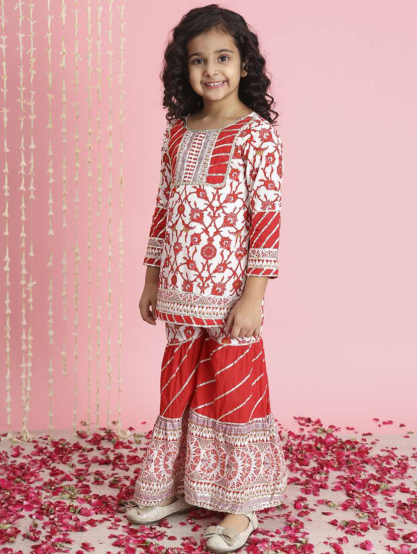 girl floral print cotton kurta sharara set