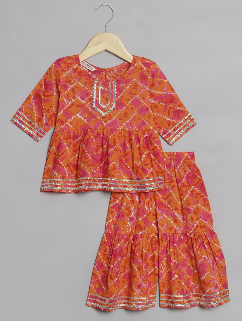 girl bandhani print cotton kurta sharara set - 20271972 - Standard Image - 3