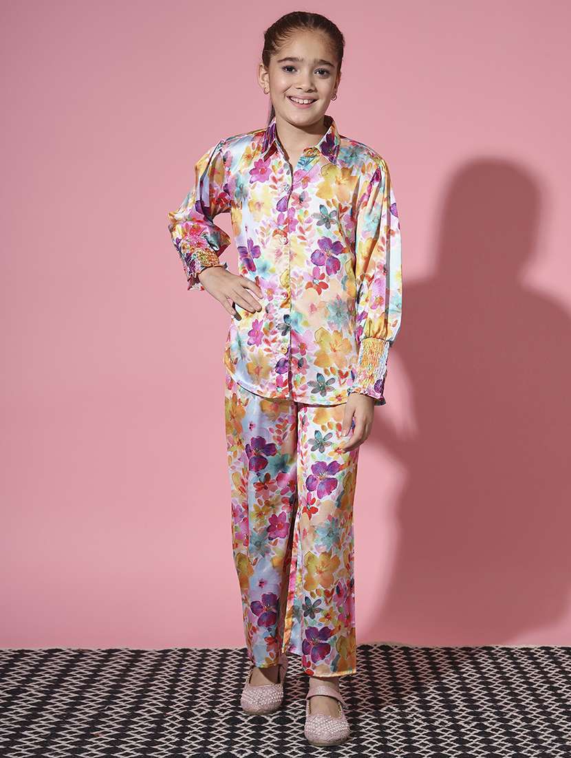 multi colored floral top pants set 