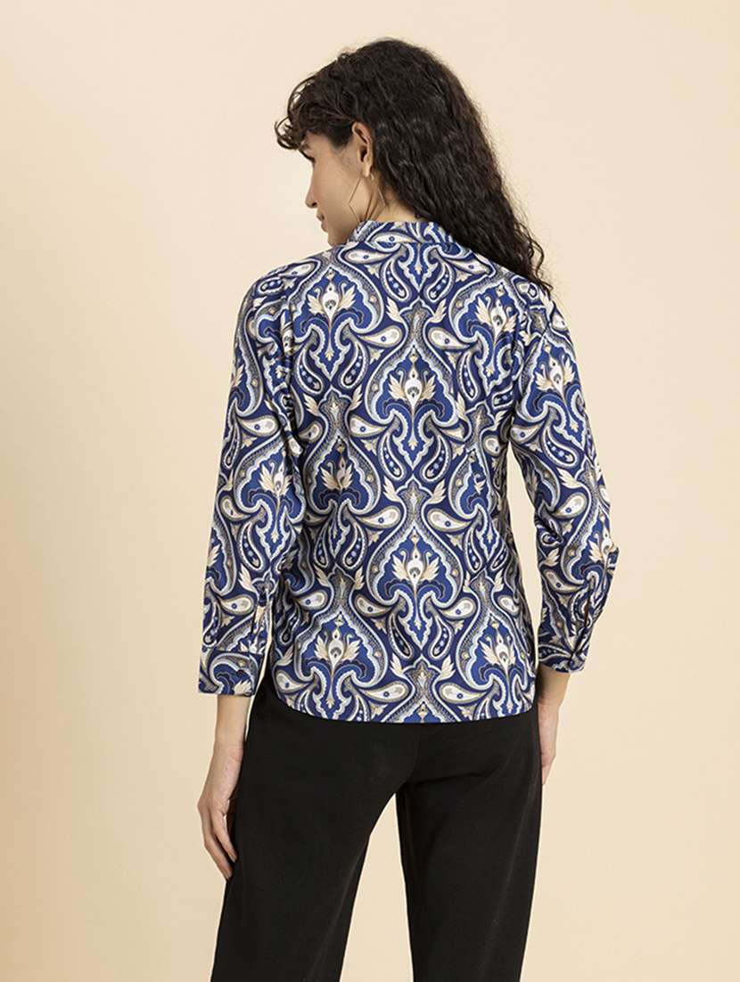 blue paisely printed mandarin neck regular shirt - 20272098 -  Standard Image - 3