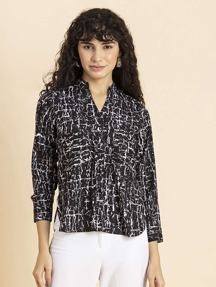 black abstract printed mandarin neck regular shirt